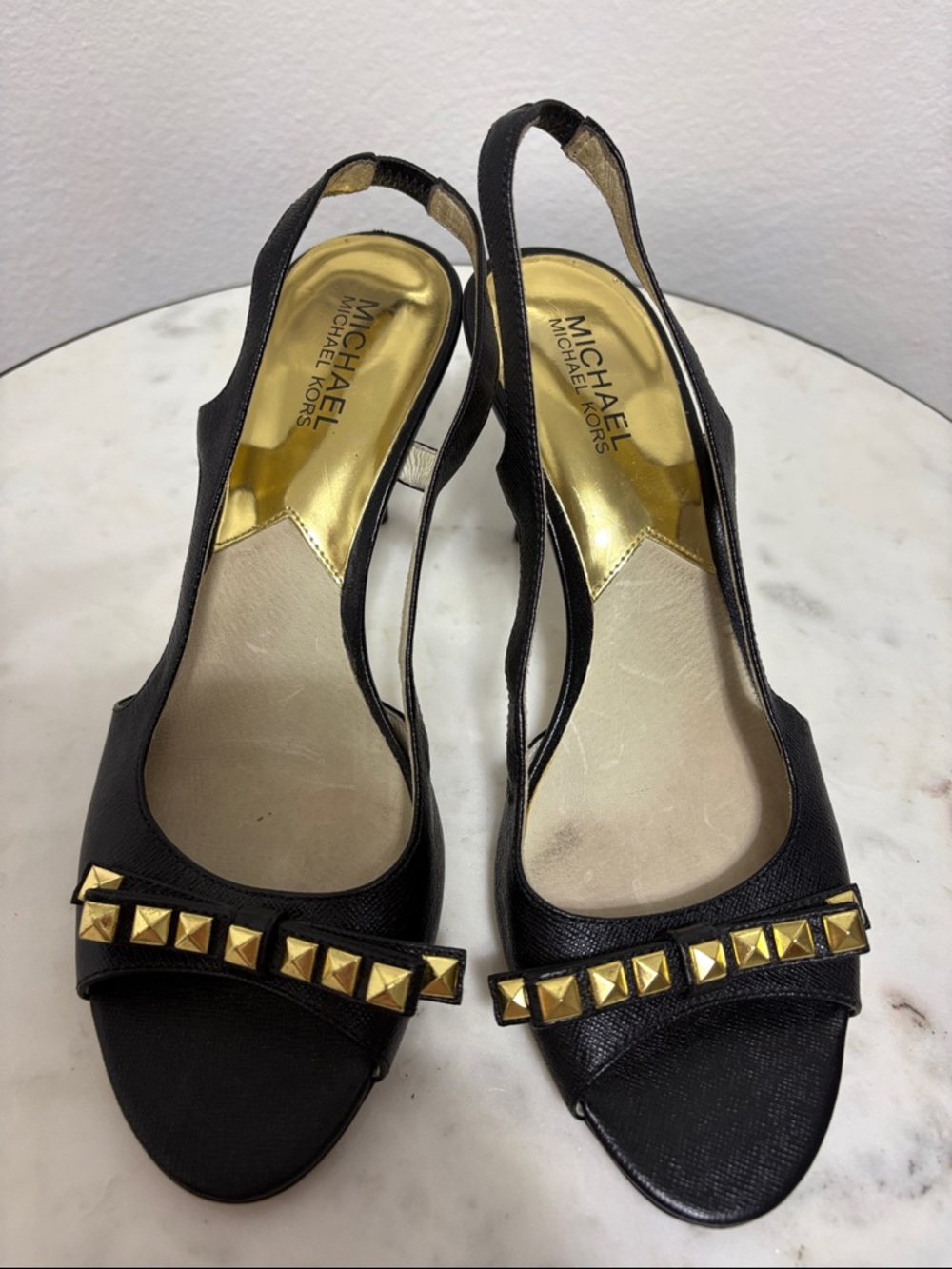 Michael Kors Black Slingback Heels with Gold Pyramid Studs